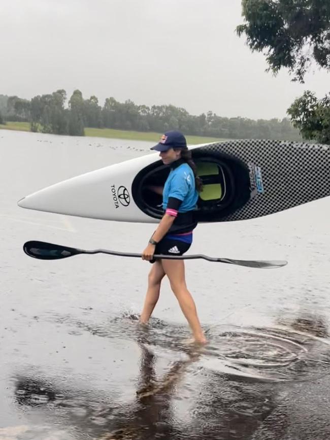 Olympian and Penrith local Jessica Fox launcing from a car park.