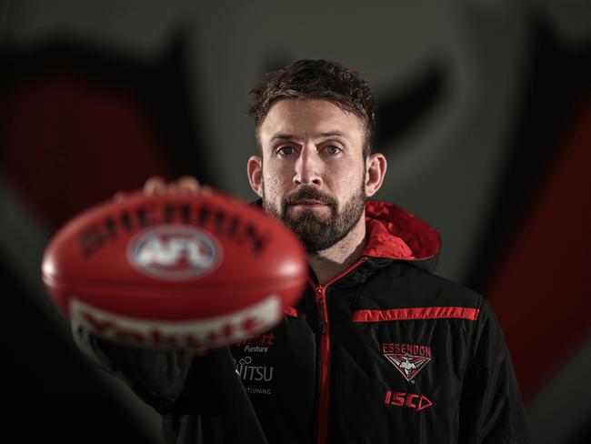 Cale Hooker poses for a photograph during an Essendon Bombers media session at The Hangar in Tullamarine, Melbourne, Thursday, August 29, 2019. (AAP Image/Scott Barbour) NO ARCHIVING