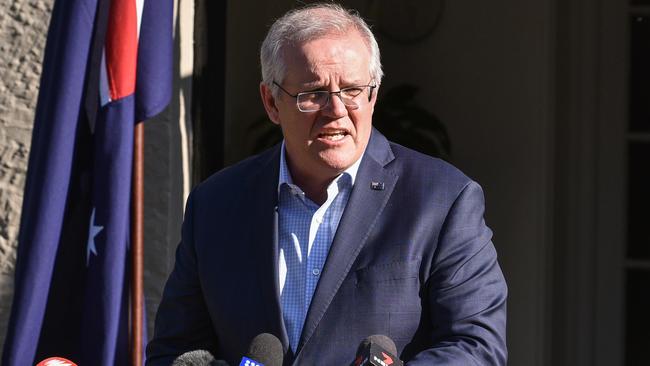 Prime Minister Scott Morrison addresses the media on Sunday. Picture: Flavio Brancaleone