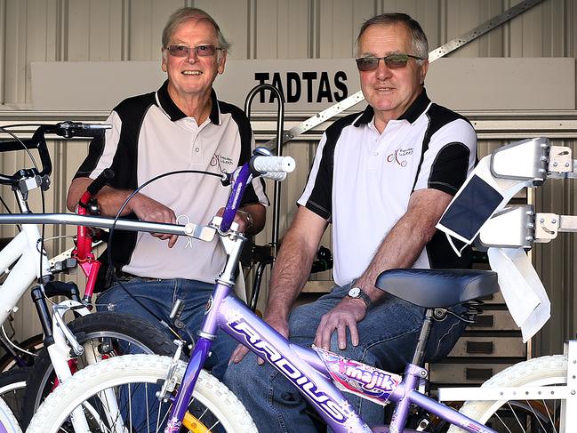 Pride of Australia. Paul Duncombe 68 of Sandy Bay, left, and Barry Wilson 70 of Lauderdale are two retired professionals who customise standard bikes to give independence to children with disabilities