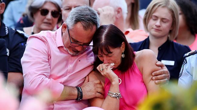 Lloyd and Suzanne Clarke, parents of Hannah Clarke, at the vigil to remember Hannah and her three children at Bill Hewitt Reserve on Sunday. Picture: News Corp Australia