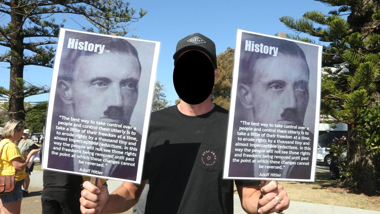 The NSW man has defended his use of Hitler’s image in protesting the lockdown measures. Picture: Richard Gosling