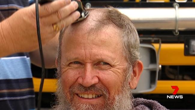 Grantham RFB volunteer Geoff Purton shaved off his hair and beard to raise money for victims of the 2019/20 bushfires. Photo: 7 News.