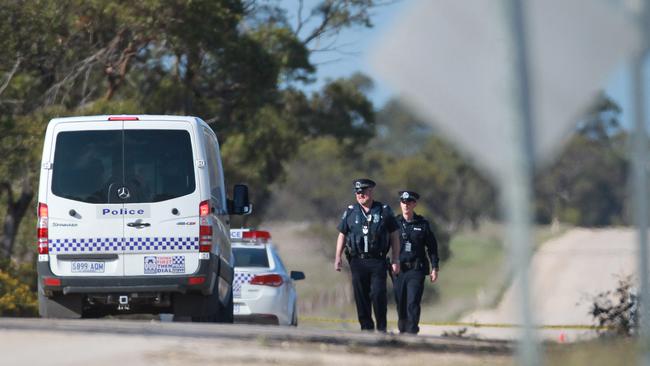 Police at Elwomple Rd, near Tailem Bend, where a man was fatally shot by STAR Group officers. Picture: DYLAN COKER