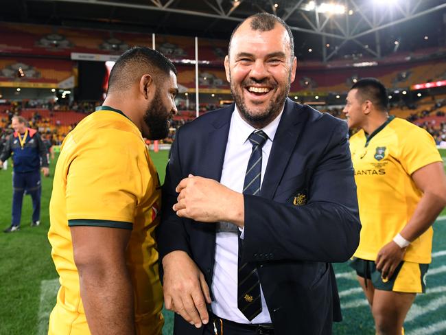 Wallabies coach Michael Cheika celebrates following the Rugby Championship match between Australia and South Africa at Suncorp Stadium in Brisbane. Picture: AAP Image