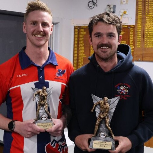 Omeo District league best and fairest winner, Swifts Creek's Beau Hack, right, and runner-up, Lindenow South's Nathan Pollard. Picture: Omeo District Football-Netball League