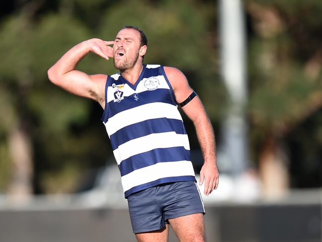 Peninsula league - Chelsea v Langwarrin.Chelsea's #33 Curtis Bywater celebrates a goal in the last quarter.Picture: Jason SammonSaturday 23 April 2016