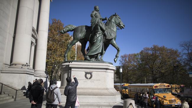 The statue of Theodore Roosevelt, flanked by a Native American man and African-American man, at the entrance of NYC’s American Museum of Natural History, will be taken down after the museum's proposal to remove it was approved by the city. Picture: AP