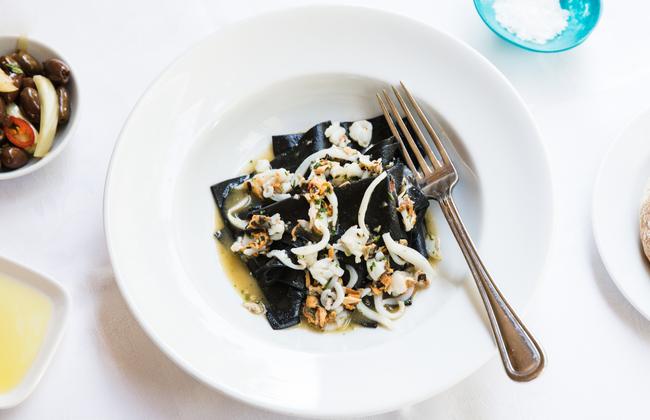 Consultant chef Luca Ciano’s favourite dish — black handkerchief pasta with cuttlefish, mussels, prawns and chilli — at Lucio’s. Picture: Kai Leishman