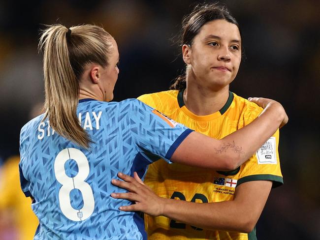 England midfielder Georgia Stanway embraces Sam Kerr after their World Cup semi-final clash. Picture: Franck Fife/AFP