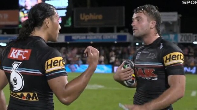 Jarome Luai and Jaeman Salmon clash at full-time. Picture: Channel 9