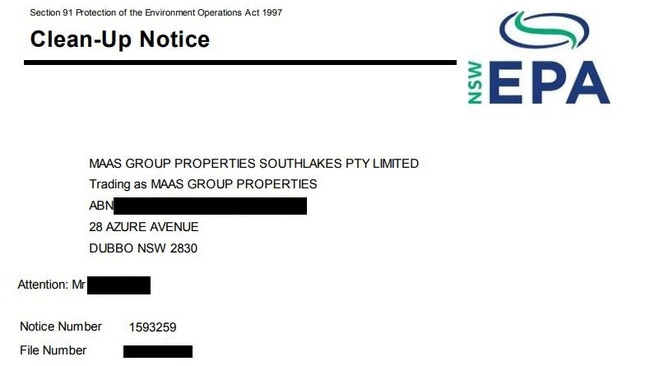 NSW environmental authorities have accused a property group of trucking asbestos from Sydney and dumping it in their own "idyllic" housing estate. The NSW Environment Protection Authority issued a clean-up notice late last week after their investigators allegedly discovered white asbestos at MAAS Group Properties' Southlakes Estate. **Pictured is the first page of an extensive letter sent to th ecompany by the NSW EPA** Picture: Supplied SOURCE: https://apps.epa.nsw.gov.au/prpoeoapp/ViewPOEONotice.aspx?DOCID=-1&amp;SYSUID=1&amp;LICID=1593259