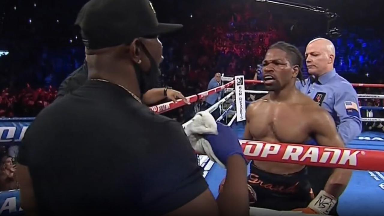 Shawn Porter looks towards his dad and is upset at the stoppage. Photo: Main Event, Kayo.