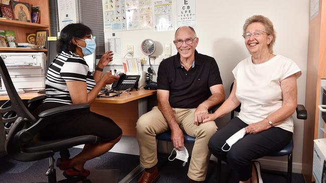 Elderly couple Russel and Sandra Goddard, with their doctor Dr Darshika Herath discuss their COVID jab options. Picture: Nicki Connolly