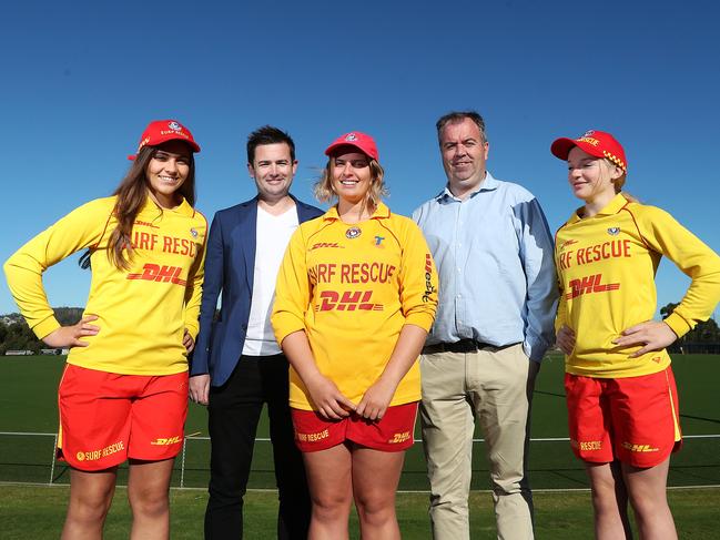 (L-R) Gabriella Lohrey, 15, of Kingston, Kingborough Council Mayor Dean Winter, Maddie Lohrey, 19, of Kingston, Nic Street Liberal candidate for Nelson, Sarah Glancy, 15, of Kingston. Proposal for a swimming pool at the Kingborough Sports Precinct at Kingston. Picture: NIKKI DAVIS-JONES