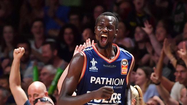 Majok Deng of the Adelaide 36ers reacts during the round 13 NBL match between the Adelaide 36ers and the Perth Wildcats at Titanium Security Arena on January 4, 2018 in Adelaide, Australia. (Photo by Daniel Kalisz/Getty Images)