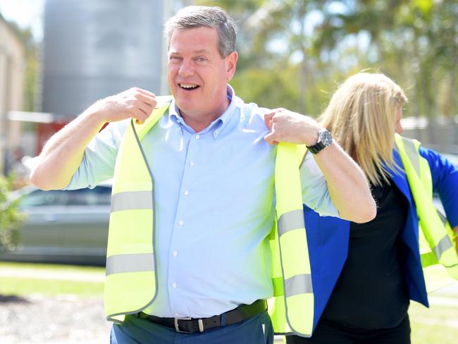 LNP Leader Tim Nicholls dons the high-vis in Caboolture at Powercat Marine at the start of his last-minute blitz of eight marginal southeast Queensland electorates. Picture: AAP Image/Tracey Nearmy