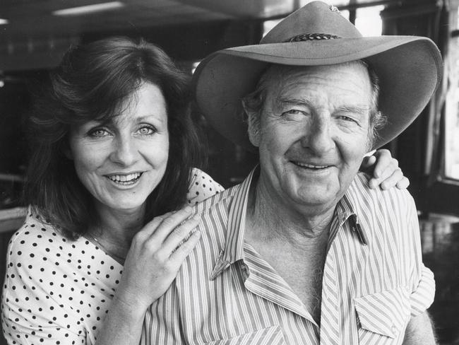 Slim Dusty with his daughter, Anne Kirkpatrick, in the 1980s. Picture: Supplied