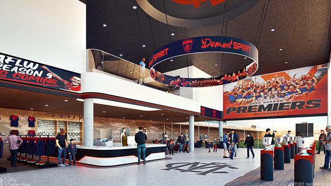 An indoor space proposed in Melbourne’s plans for a new headquarters at the Caulfield Racecourse. Picture: Melbourne FC / City Collective