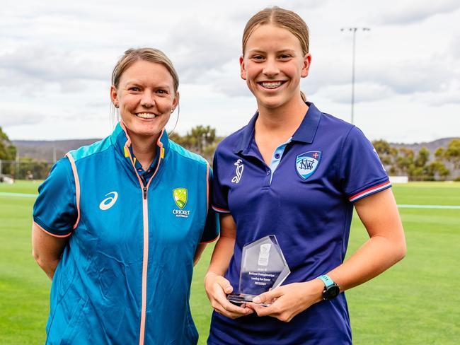 Caoimhe Bray with the medal for leading run scorer at the U16 National Cricket Championships, Hobart, January 2024. Picture: Linda Higginson / Cricket Australia