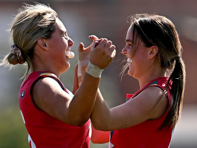 Old ScotchÃs Lucy Morley and Abbie Connor during the VAFA Premier Women semi-final between Old Scotch v Collegians football match in Coburg, Saturday, Sept. 2, 2023. Picture: Andy Brownbill