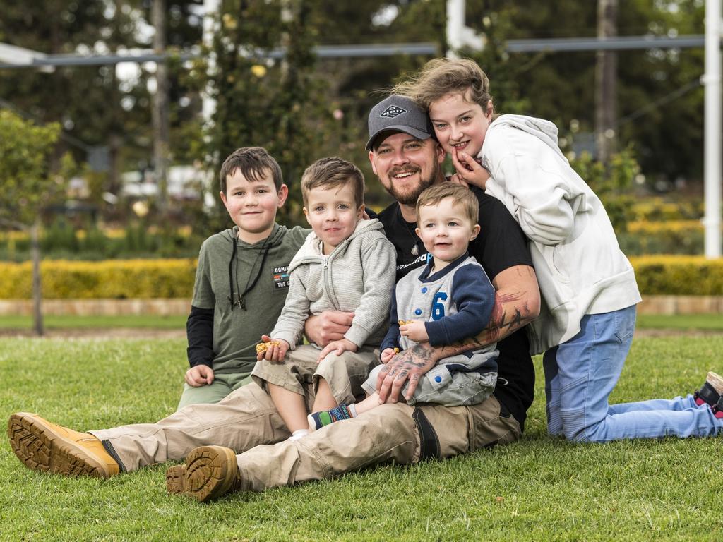 Phil Degraaf with his kids (from left) Mason Ashenden, Archer Degraaf, William Degraaf and Mia Degraaf at the Man with a Pram event on Father's Day, Sunday, September 5, 2021. Picture: Kevin Farmer