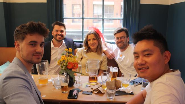 (L-R) Seb, Tom, Lauren, Tom and Alberto at The Edinburgh Castle, Sydney CBD, for the Melbourne Cup. Picture: Alexi Demetriadi