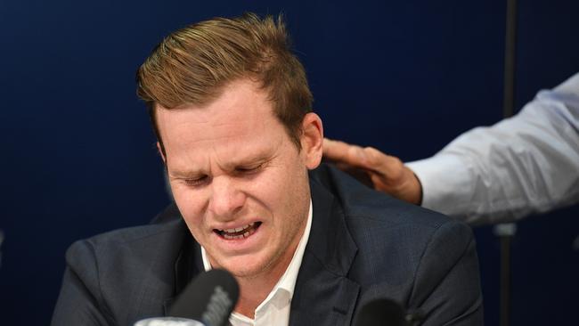 Steve Smith breaks down when he fronted the media at Sydney Airport following the aftermath of the ball tampering scandal in South Africa. Picture: AAP