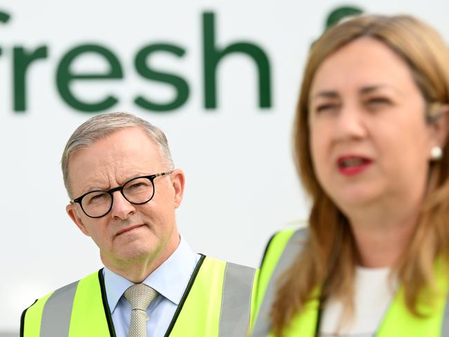 BRISBANE, AUSTRALIA - NewsWire Photos - APRIL 4, 2022.The Leader of the Australian Labor Party, Anthony Albanese watches Queensland Premier, Annastacia Palaszczuk as she speaks during the official opening of WoolworthsÃ new distribution centre in Heathwood.Picture: NCA NewsWire / Dan Peled