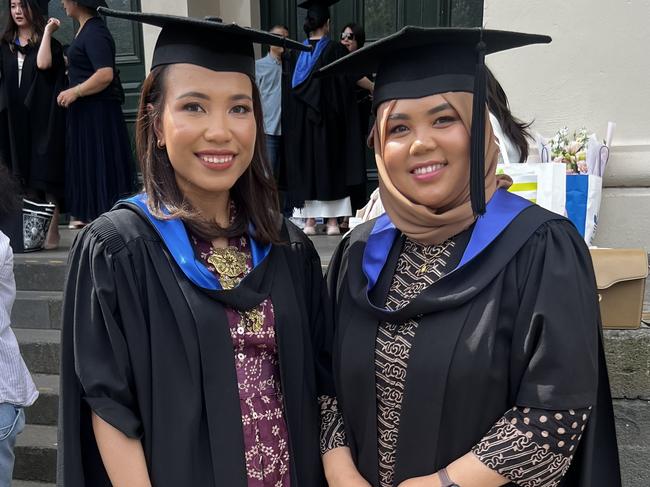 Vida Damayana (Master of Public Policy and Management) and Anmisa Rachmi (Master of Public Policy and Management) at the University of Melbourne graduations held at the Royal Exhibition Building on Monday, December 16, 2024. Picture: Jack Colantuono