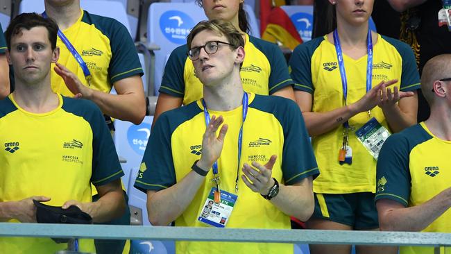 Mack Horton, centre, has been made to look a hypocrite by making such a bold anti-doping statement when Swimming Australia was sitting on a dirty little secret of its own. Picture: Quinn Rooney/Getty