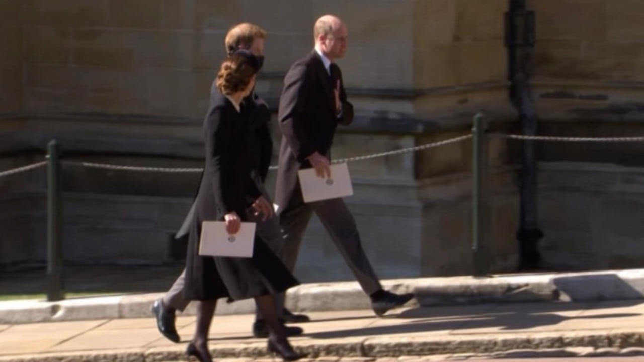 Kate, William and Harry seen together after the funeral of Prince Philip. Picture: BBC