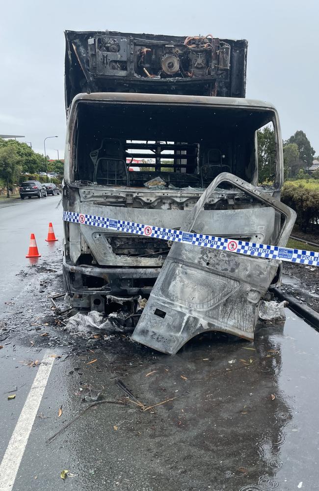 Emergency services were confronted with the cab of the truck on fire. Picture: Madeline Grace