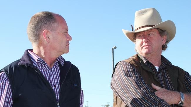 Former Premier Campbell Newman and Vaughan Johnson at the Emerald Saleyards. Photo Simon Green / CQ News