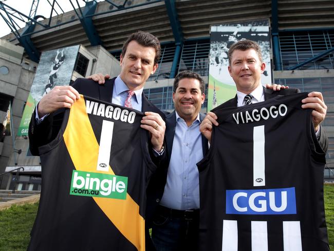 Viagogo chief executive Eric Baker with Richmond chief executive Brendon Gale and Collingwood chief executive Gary Pert at the Australian launch of his agency in 2013. Picture: Supplied