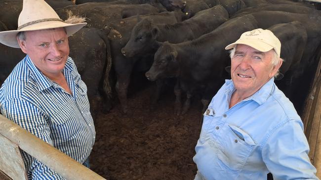 Agent Darren Askew, Mokoan Livestock, with client Anthony Bailey, Bialla at Tatong, who received the top price of $1530 for Angus heifers at Wangaratta today.