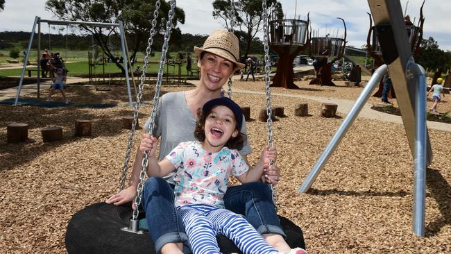 Cobbler Creek Recreation Park has a playground complete with a swooping flying fox, elevated tree houses and nest-shaped sandpits with climable egg features. Picture: Campbell Brodie.