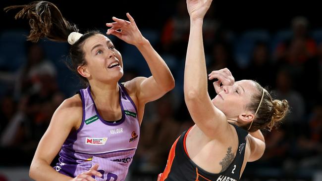 SYDNEY, AUSTRALIA - APRIL 12: Ruby Bakewell-Doran of the Firebirds and Jo Harten of the Giants compete for the ball during the round four Super Netball match between GWS Giants and Queensland Firebirds at Ken Rosewall Arena on April 12, 2022 in Sydney, Australia. (Photo by Jason McCawley/Getty Images) Ã¢â&#130;¬â&#128;¹*** BESTPIX ***