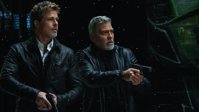 Brad Pitt and George Clooney in Wolfs on Apple TV+.