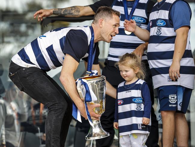 MELBOURNE, AUSTRALIA - SEPTEMBER 25: Joel Selwood before going on stage during their celebrations after winning the 2022 AFL Grand Final, at St Mary's Football Club Oval on September 25, 2022 in Melbourne, Australia. (Photo by Sam Tabone/Getty Images)