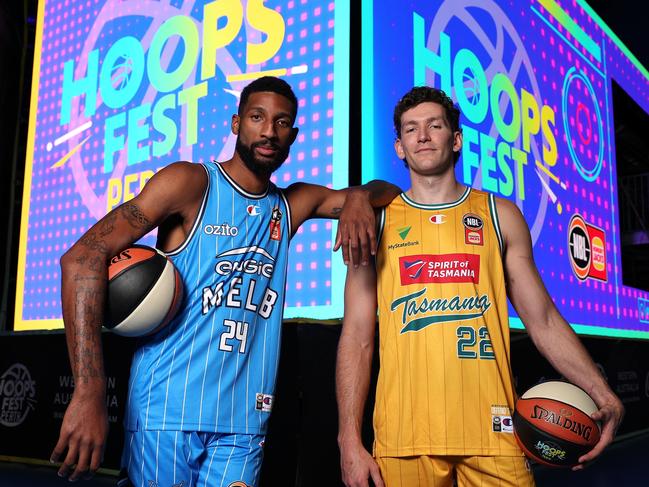 PERTH, AUSTRALIA - SEPTEMBER 18: Marcus Lee of the Melbourne United and Will Magnay of the Tasmania JackJumpers pose during an NBL HoopsFest Boombox Media Opportunity at RAC Arena on September 18, 2024 in Perth, Australia. (Photo by Paul Kane/Getty Images for NBL)