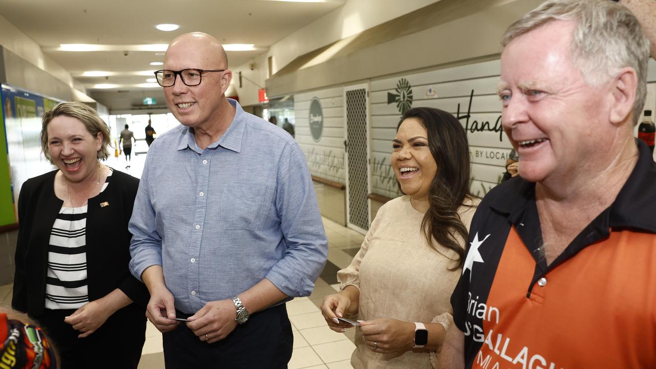 Senator Jacinta Nampijinpa Price is pictured with former Opposition Leader Peter Dutton during the election campaign. Picture: Richard Dobson / NewsWire