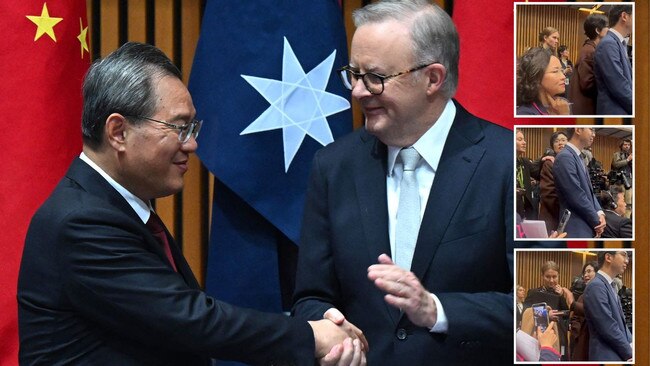 Chinese Premier Li Qiang shakes hands with Anthony Albanese, while Sky News journalist Cheng Lei is blocked by Chinese officials, inset. Picture: AFP