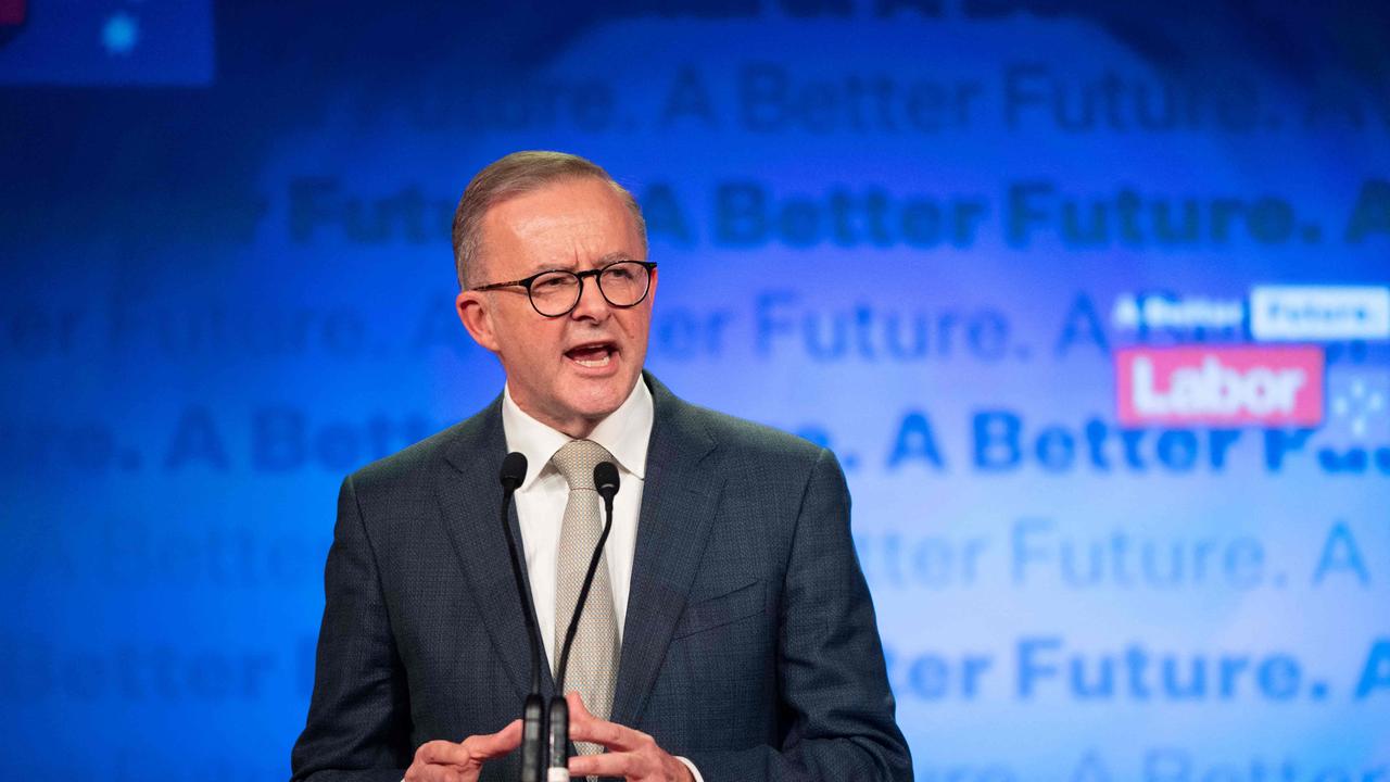 Anthony Albanese addresses Labour supporters on Saturday night. Picture: AFP