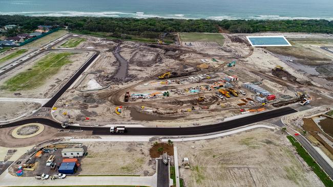 Aerial of Bokarina Beach with the site (outlined) purchased by RGD Property Group for a $70 million residential/retail development.