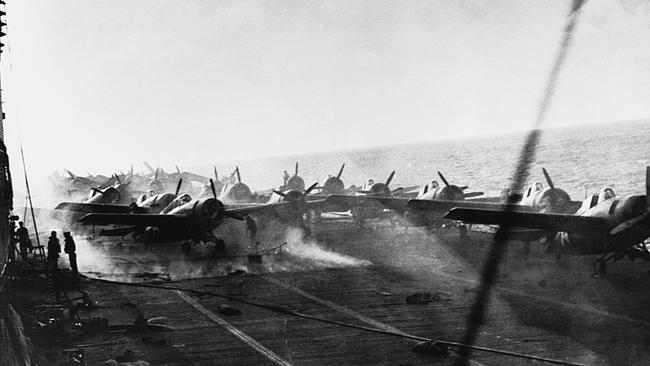 Aircraft sits aboard the USS Lexington damaged in the Battle of the Coral Sea. Picture: Getty Images