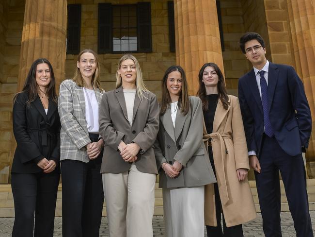 JUNE 26, 2024Rising star grad lawyers, Maddison Lloyd , Shannon Cain, Kahlia Steinert, Kristen Camera , Claudia Van Eckeren and Chris Michalakas outside Adelaide Magistrates court.Picture: RoyVPhotography