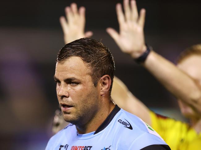 PENRITH, AUSTRALIA - MARCH 04: Wade Graham of the Sharks looks dejected after being sent off for ten minutes during the round one NRL match between Cronulla Sharks and South Sydney Rabbitohs at BlueBet Stadium on March 04, 2023 in Cronulla, Australia. (Photo by Mark Kolbe/Getty Images)