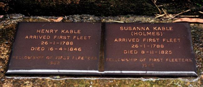 Sydney gravestones of Henry Kable and Susannah (sometimes spelt Susanna) Holmes, convicts who married after arriving with First Fleet in 1778. Picture: Graham Hely