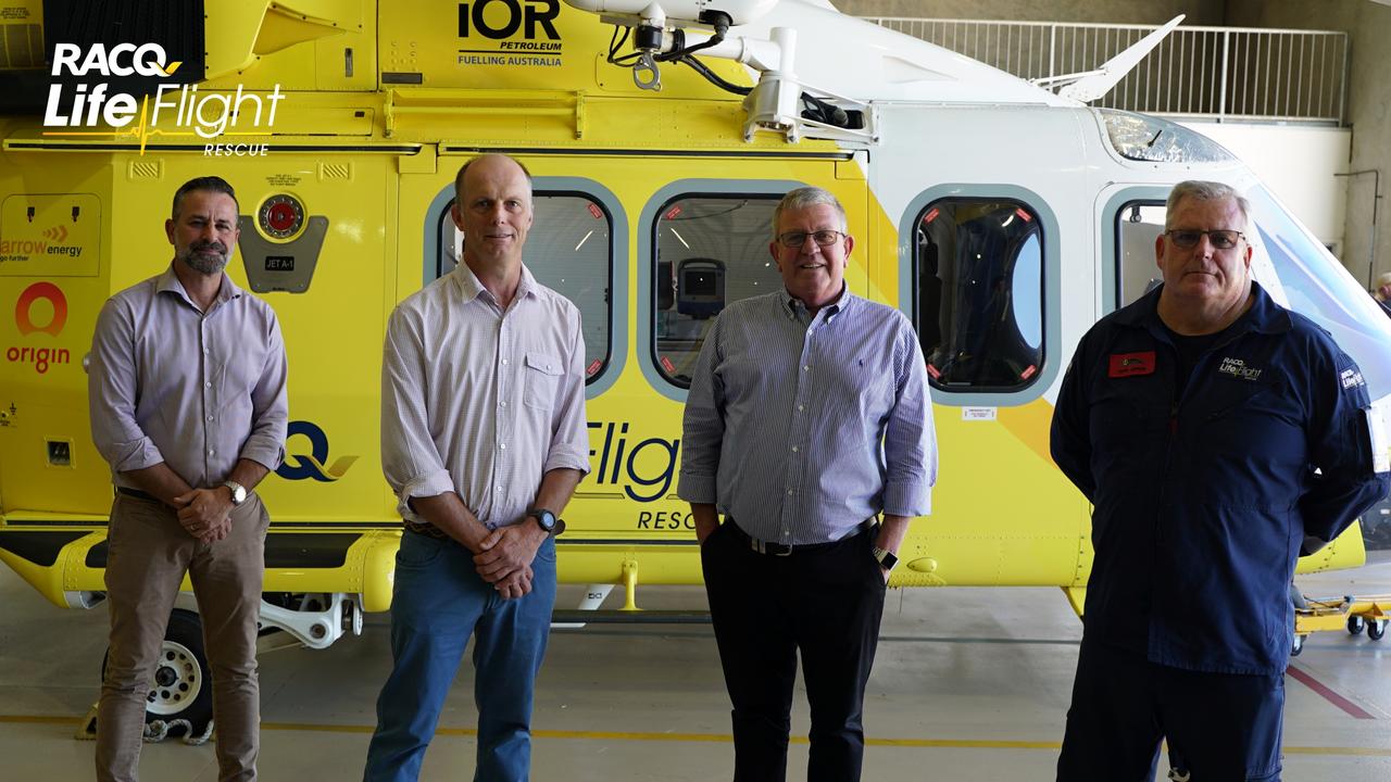 Celebrating 15 years of LifeFlight in Toowoomba are (from left) chair of the Toowoomba Regional Advisory Committee Gus Romero, former LifeFlight patient Stanley Paynter, LifeFlight Foundation Board director Mike Stewart and LifeFlight air crew officer Mark Arthur.